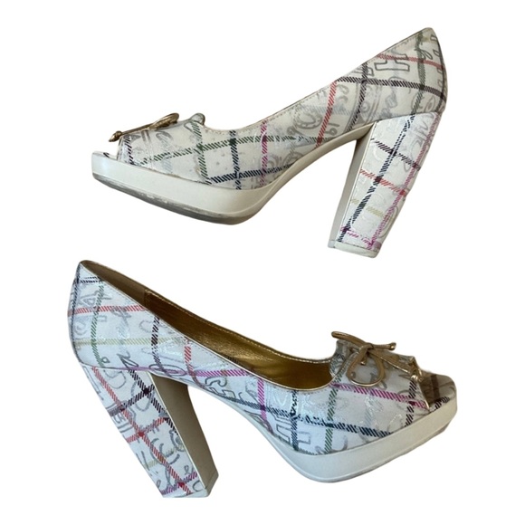 Coach Corey 4” Vintage Plaid Block Heels Size 5.5 Peep Toe Tan Cream Designer - Picture 6 of 12